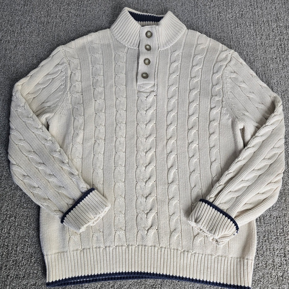 Eddie Bauer Mens XL Cotton Cable Knit Sweater Ivory Mock Neck Coastal Preppy